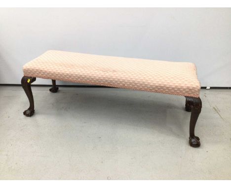 1920's Mahogany framed Chippendale Revival long stool, with upholstered top, on cabriole legs with claw and ball feet, 107 x 