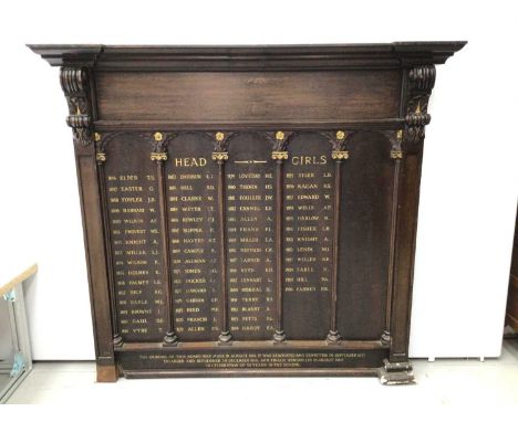 Ususual Victorian school board listing head girls, in carved architectural frame with gilt heightened and calligraphy, inscri
