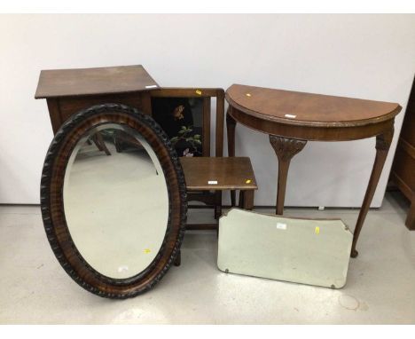 Group of furniture to include Demi lune hall table, oak plant stand, oak occasional table, tapestry firescreen in oak frame, 