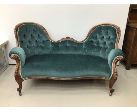 Victorian double ended button upholstered sofa, with carved rosewood showwood frame and blue button upholstery on cabriole le