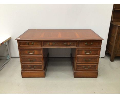 Georgian style yew wood finished twin pedestal desk with nine drawers, 137cm wide x 76cm deep x 73cm high