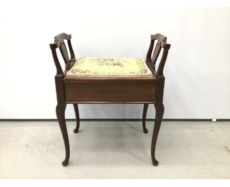 Edwardian inlaid mahogany piano stool with floral tapestry seat on slender cabriole legs, 53cm wide, 35cm deep, 68cm high and