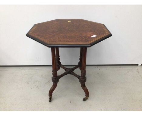 Good quality late Victorian burr walnut occasional table by Langebear &amp; Co, the octagonal top with crossbanded and inlaid