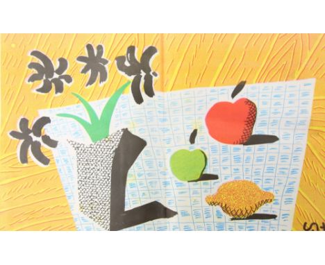 After David Hockney (b.1937),'Two Apples &amp; One Lemon &amp; Four Flowers', offset lithograph `newsprint`, image 33 x 53 cm