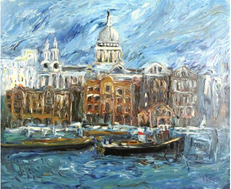 Petty, two oils on board, unframed, river view with boats and buildings, signed and dated 72. 50x60cm and a portrait..    