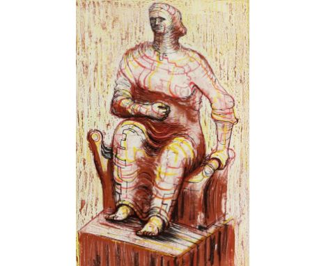 After Henry Moore. 'Seated Figure' Colour lithographic print. Unsigned. 27 x 19cm. Mounted, framed and glazed. Size in frame:
