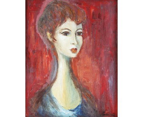 20th century portrait, of a girl in a blue dress, oil on panel, signed indistinctly Schiell, 50cm x 40cm .    