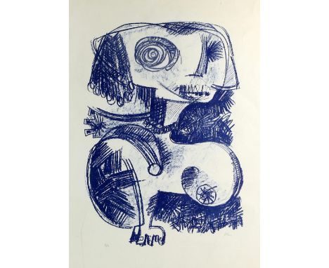 Abstract print in blue, pencil signature indistinct 2/8, 65cm x 47cm .    