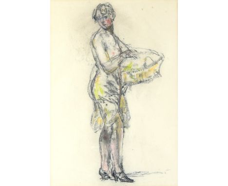 In the manner of Alfred Robert Hayward, portrait of a girl with a basket, chalk, 43cm x 30cm, watercolour study of summer flo