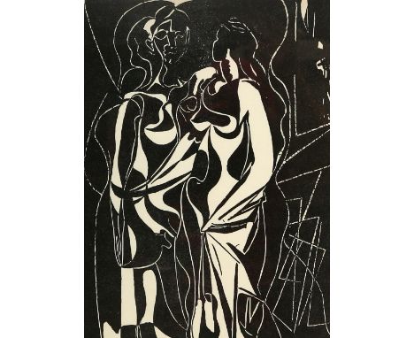 After Pablo Picasso. 'Helene Chez Archimede'. Woodcut print. Unsigned. 28 x 21cm. Mounted, framed and glazed. Size in frame: 
