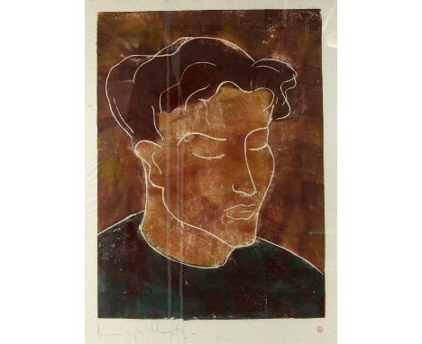 Portrait of a man, print , signature indistinct in pencil and blind stamped  58cm x 47cm.    