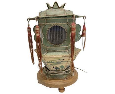 Silk Chinese Lantern Lamp, with Painted Panels, Rips to some panels

 
