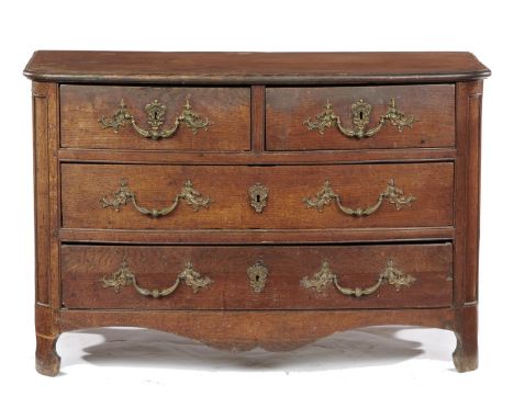 A LOUIS XVI PROVINCIAL OAK COMMODE, C1780 with chinoiserie brass handles and escutcheons, 78cm h; 57 x 119cmLacking two of th