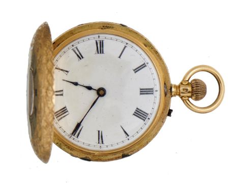 A SWISS 18CT GOLD HALF HUNTING CASED KEYLESS CYLINDER LADY'S WATCH, C1900  the case engine turned and foliate engraved, 3.4cm