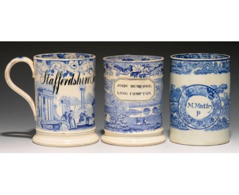 THREE CYLINDRICAL BLUE PRINTED PEARLWARE AND EARTHENWARE INN KEEPER'S MUGS, C1820 AND MID 19TH C the first inscribed within a