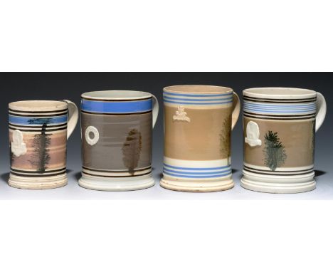 FOUR CYLINDRICAL BOVEY TRACEY POTTERY CO, MALING AND OTHER MOCHA WARE MUGS, 19TH C  quart and pint, crown and banner or ring 