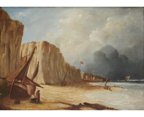 BRITISH SCHOOL, 19TH CENTURY FISHERFOLK ON A BEACH  oil on panel, 29 x 39cmCleaned probably when placed into the present 18th