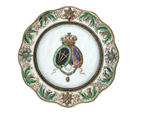 A RARE SAMPLE DESIGN FOR AN ARMORIAL SERVICE, C1794-1816 of a plate actual size, watercolour and gold on vellum, 26cm diam, f