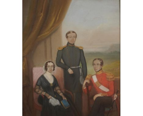 ENGLISH SCHOOL, MID 19TH CENTURY  PORTRAIT OF A LADY AND TWO OFFICERS SAID TO BE OF THE MANNERS FAMILY  pastel, 43.5 x 36.5cm