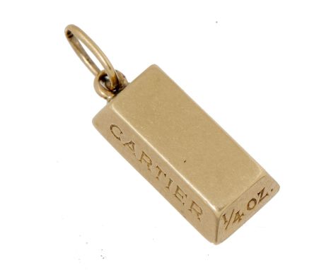 A GOLD INGOT PENDANT BY CARTIER   inscribed CARTIER ¼oz, 1.6cm excluding suspension ring, signed Cartier, ©, marked 18k, 9.2g