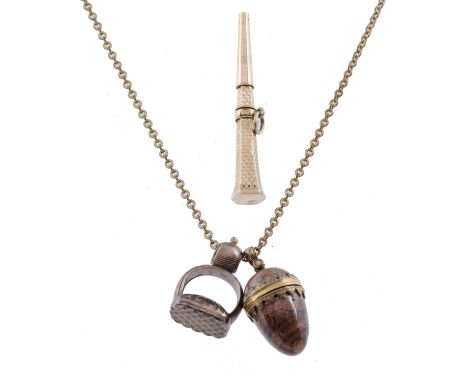 A GOLD WATCH KEY, 19TH C  engine turned, flared hexagonal, 4.3cm, unmarked, an English pinchbeck and aventurine acorn appenda