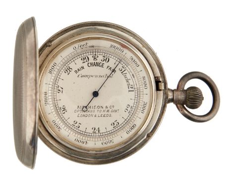 A SILVER POCKET BAROMETER ATICHISON & CO, OPTICIAN TO HM GOVT, LONDON & LEEDS with rotating vernier, engine turned watch type