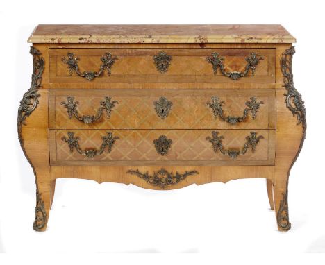 A FRENCH ORMOLU MOUNTED KINGWOOD AND PARQUETRY BOMBE COMMODE, C1900 in Louis XV style with breche d'alep marble slab, 86cm h;