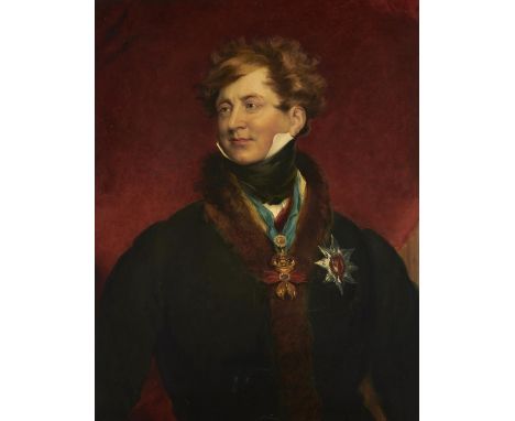 AFTER SIR THOMAS LAWRENCE PORTRAIT OF KING GEORGE IV  in black coat with fur collar and black stock, bust length, oil on canv