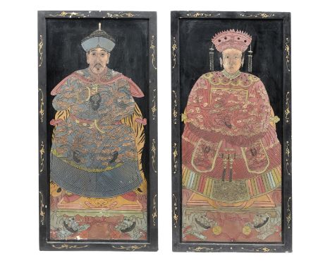 A PAIR OF CHINESE CINNABAR LACQUER ANCESTOR PORTRAIT PANELS, 19TH/20TH C integral frames, 121 x 61cm 