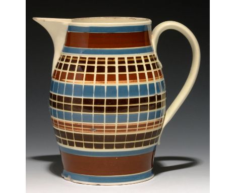 A SLIP-DIPPED CREAMWARE JUG, C1800  engine turned horizontally and vertically, 20cm hSmall chips on rim and around foot, no r