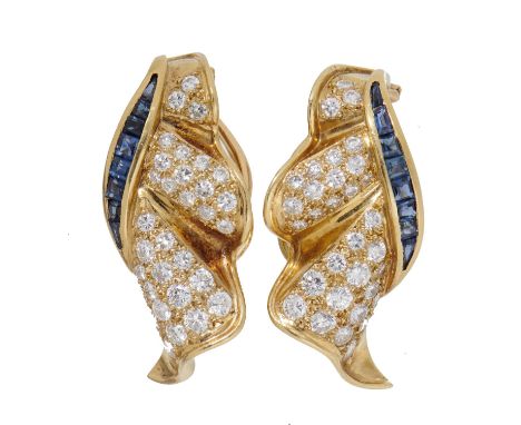 A PAIR OF DIAMOND, SAPPHIRE AND GOLD RUFFLE EARRINGS pave set with calibre cut sapphires, clip fitting, 3.2cm, marked 1C with