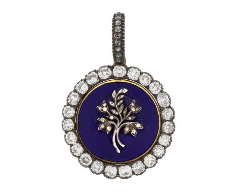 A GEORGIAN DIAMOND AND TRANSLUCENT BLUE ENAMEL LOCKET, EARLY 19TH C  with diamond loop and glazed back, 4.1cm overall, fitted