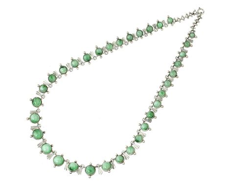 A SILVER AND JADE NECKLACE of graduated beads, 50cm, unmarked, 66.5gGood condition 