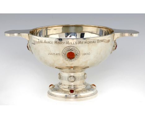 A GEORGE V CELTIC REVIVAL SILVER TROPHY  in the form of a quaich set with citrines, 39cm over handles, by Walker & Hall Ltd, 