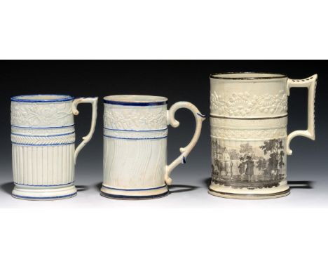 A RARE THOMAS FELL MOULDED CYLINDRICAL PEARLWARE WINCHESTER MEASURE AND TWO OTHERS, C1830 quart and pint, the largest with tw