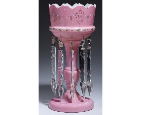 A VICTORIAN PINK CASED WHITE GLASS LUSTRE, C1880  with prismatic cut glass drops, 36cm hWear to enamel and small chips on dro