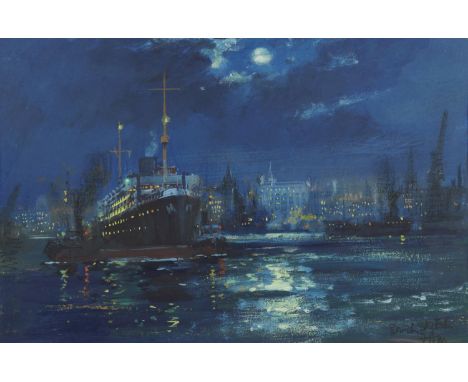 FRANK HENRY MASON, RBA, RI (1875-1965) PORT SCENE AT NIGHT signed with initials and inscribed Rough Sketch, inscribed verso w