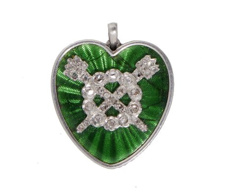 A DIAMOND AND PLATINUM AND GREEN GUILLOCHE ENAMEL HEART SHAPED PENDANT, POSSIBLY CARTIER, EARLY 20TH C the back with linked g