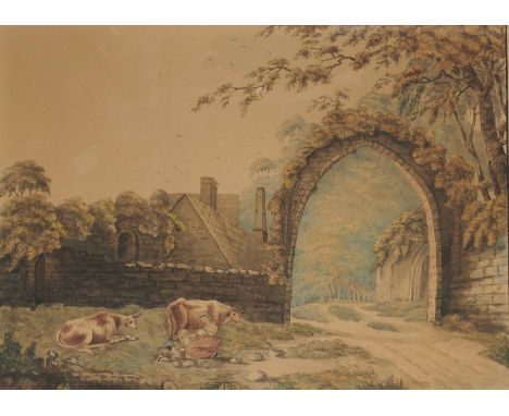 ROBERT RAVALD (B1782) A MILKMAID BY A STONE ARCH  signed and dated beneath the black line border (Robt Ravald 1796 ae 15), wa