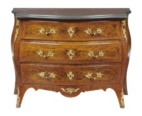 A SWEDISH ORMOLU MOUNTED WALNUT AND LINE INLAID COMMODE, LATE 19TH C with grey marble top, 81cm h; 55 x 107cmSmall loss to ve