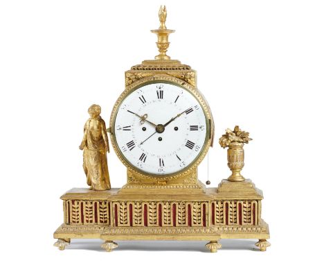 AN AUSTRIAN NEO CLASSICAL STYLE GILTWOOD MANTEL CLOCK the drum cased three train movement with enamel dial with brass hands a