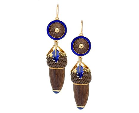 MOURNING JEWELLERY.  A PAIR OF UNUSUAL ACORN SHAPED HAIRWORK AND GOLD AND ROYAL BLUE ENAMEL EARRINGS, SECOND QUARTER 19TH C  