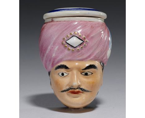 A STAFFORDSHIRE CREAMWARE 'TURK'S HEAD' NOVELTY SNUFF BOX AND THREADED COVER, C1820  5.8cm  hGood condition 