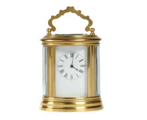 A FRENCH GILT BRASS MINIATURE OVAL CARRIAGE CLOCK, HENRI JACOT  NO 8076, LATE 19TH C with enamel mask dial, the timepiece ret