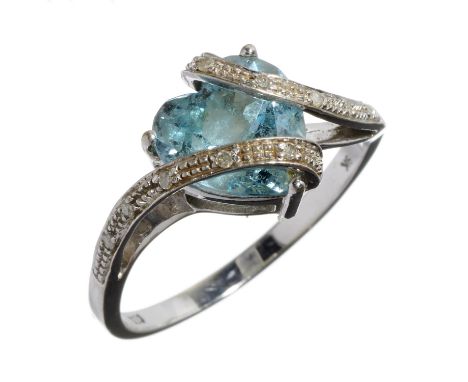 A DIAMOND AND HEART SHAPED BLUE TOPAZ RING in white gold, marked 9k, 2.8g, size P½Good condition 