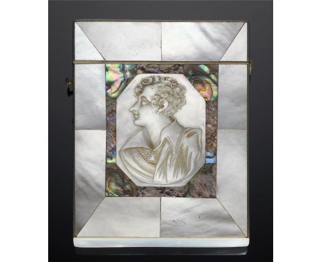 LORD BYRON INTEREST.  AN UNUSUAL VICTORIAN MOTHER OF PEARL AND ABALONE CARD CASE WITH CAMEO PORTRAIT OF THE POET, C1840  9.3c