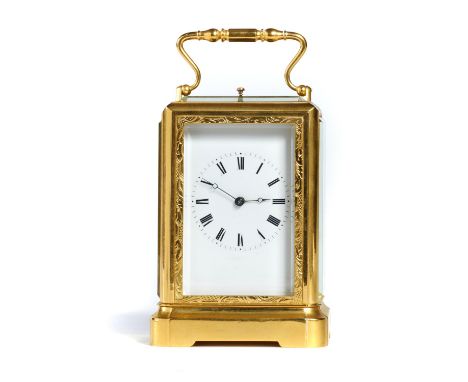 A FRENCH GILT BRASS 'ONE PIECE' CARRIAGE CLOCK JAPY FRERES, LATE 19TH C  with enamel dial and Breguet hands, the bell strikin