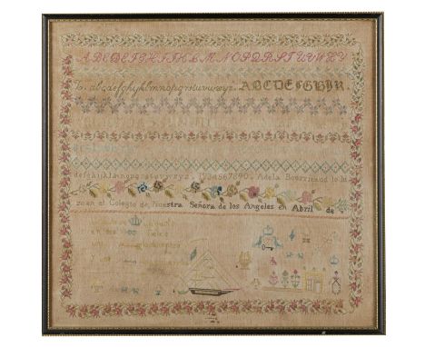 AN ENGLISH STYLE SPANISH LINEN SAMPLER,  POSSIBLY COLONIAL, EARLY 19TH C worked by Adela Bourrieaud lo hizo en el Colegio de 