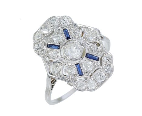 AN ART DECO DIAMOND AND SAPPHIRE RING, C1930  in platinum, 3g, size L 