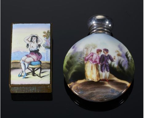 A CONTINENTAL PORCELAIN SCENT BOTTLE AND SILVER CAP, LATE 19TH C   5.5cm h, the bottle painted with lovers in a continuous la